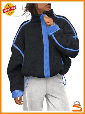 Fleece Jacket Women Zip Up Sherpa Coat Cropped Cinch Waist